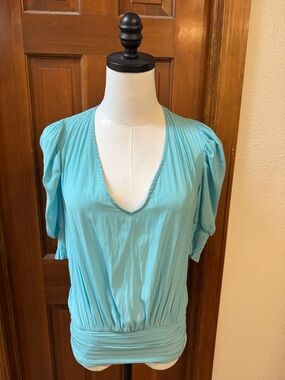 Ramy Brook Aqua V-Neck Short Puff Sleeve Blouse